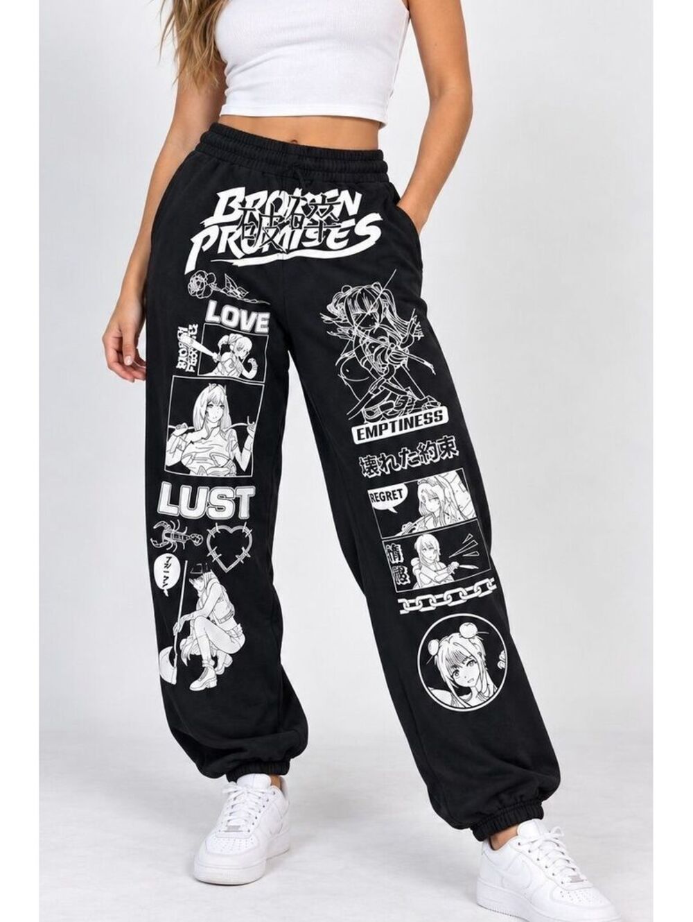 Broken Promises Anime Feeled Guide Sweatpants M Black Graphic Streetwear